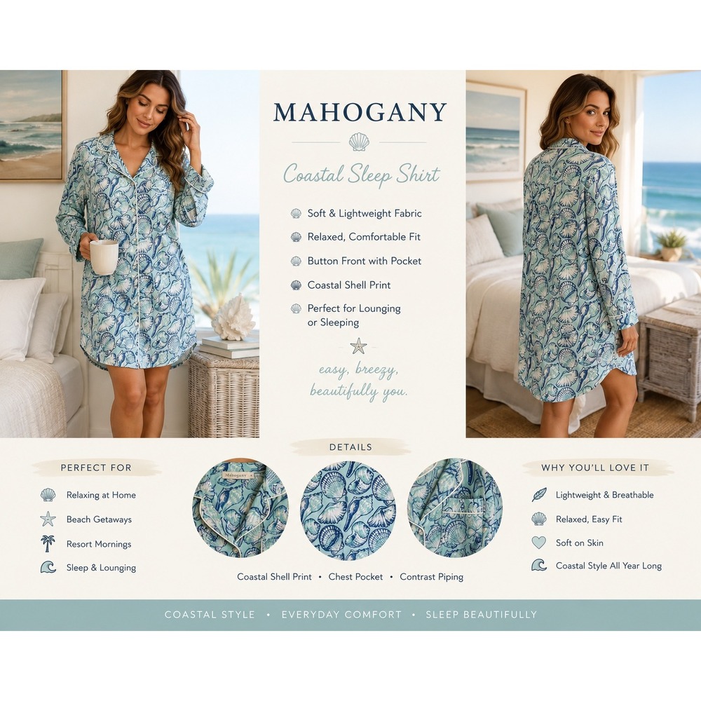 Mahogany 100% Cotton Coastal Blue Seashell Print Button Front Sleep Shirt 1X